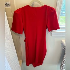 Red short sleeve dress, midi dress, with drape. Never worn, no tags.